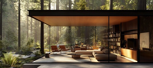 Poster - A modern library with glass walls, open shelving, and comfortable seating areas