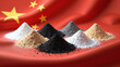 © ROMAN DZIUBALO - China's leadership in mining and processing of rare earth metals. Group of rare earth elements on the red background of China's flag. AI generative.