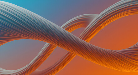 Poster - Flowing curves in orange and blue tones creating infinity symbol shape. Abstract wavy lines with gradient background. Modern fluid design for business presentations and tech banners with copy space