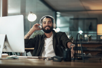 Leinwandbilder - Headphones, portrait and computer with business man in office for sound engineer, production and night. Audio editor, planning and track release with person in creative agency for podcast recording