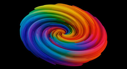 Poster - Vibrant rainbow spiral swirl on black background. Colorful 3d twisted shape. Dynamic multicolor vortex pattern. Modern abstract design for creative projects with space for text