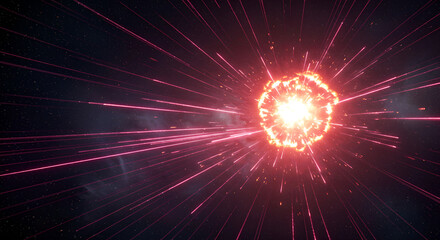 Poster - Glowing bright red energy sphere with radiating light beams in dark space. Powerful explosion effect in cosmos. Abstract science background for futuristic banner design with copy space