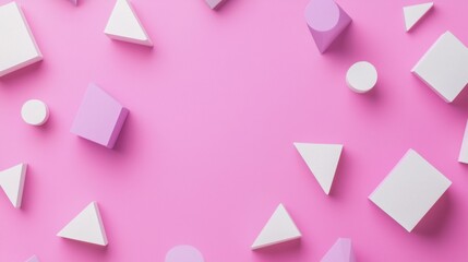 Poster - White and light purple geometric shapes such as cubes, prisms, triangles, pyramids, and cylinders are arranged on a pink background, creating a frame with empty space in the center