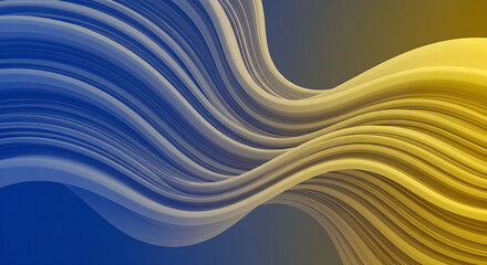 Poster - Modern abstract wavy pattern in blue and yellow colors. Smooth flowing curved lines design. Dynamic gradient background with fluid motion effect. Minimalist contemporary art with copy space