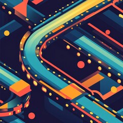 Poster - Aerial view of colorful, abstract roadways featuring dynamic curves and vibrant lights.