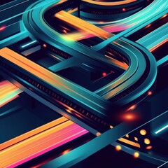 Poster - A vibrant, abstract depiction of winding roads illuminated by neon lights in shades of blue, orange, and pink.