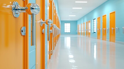 Orange doors line a blue hallway, bright light from window.  Use Prison, hospital, or office corridor