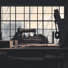 Poster - Silhouette of industrial machinery in a workshop with soft light filtering through large windows.