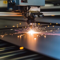 Poster - Close-up of a precision laser cutting machine creating sparks from metal, showcasing advanced manufacturing technology.