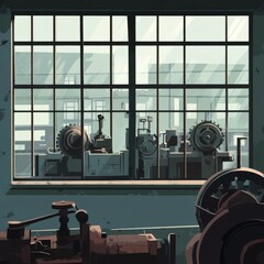 Poster - A view through a factory window showcases vintage machinery in a serene light, creating a nostalgic atmosphere.