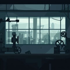 Poster - A moody industrial scene with machinery silhouetted against a foggy window.