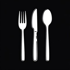 Poster - Minimalistic illustration of a fork, knife, and spoon on a black background.