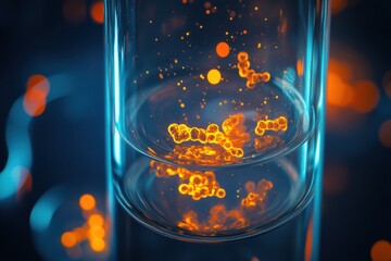 Poster - Transparent gas inside laboratory beaker with molecular details illuminating vivid colors in a scientific experiment. Generative AI