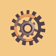 Poster - Illustration of a metallic gear in gray and orange tones against a soft yellow background.