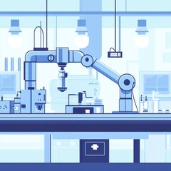 Poster - A futuristic robot arm working in a sleek, blue-toned lab environment.