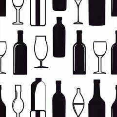Poster - Stylized pattern of assorted glassware and bottles in black silhouette on a white background.