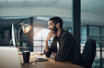 Fototapete - Night, man or happy graphic designer on computer in startup for online layout update or creative project. Late overtime, smile or person in media agency for homepage ideas, technology or development