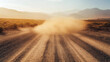 © Farid - A dusty sand cloud kicked up by a speeding vehicle on a rugged road, leaving behind a scattered trail. Transparent, realistic vector stock illustration
