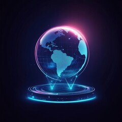 Fototapete - A futuristic glowing globe with a digital map and vibrant neon colors against a dark background.