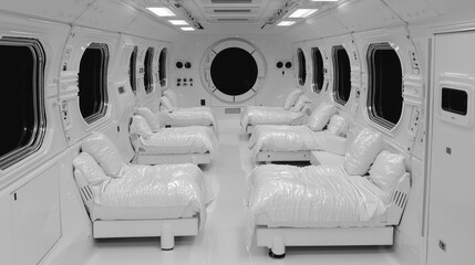 Wall Mural - futuristic spaceship dormitory; sleeping pods; space travel; dark void