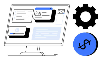 Computer monitor displaying multiple app widgets, settings gear, and dollar sign. Ideal for digital management, web development, tech support, finance, applications programming, online services