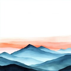 Poster - Serene watercolor landscape showcasing layered mountains in shades of blue and hints of orange at sunset.