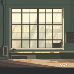 Poster - A serene morning scene captured through a large window, casting warm light in the cozy space.