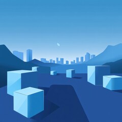Poster - A serene landscape featuring geometric blue cubes against a tranquil city skyline at dusk.