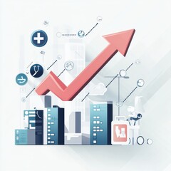 Poster - Stylized illustration of a healthcare growth trend, featuring a rising graph and urban elements.