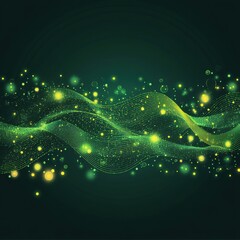 Poster - Abstract green wave pattern with glowing particles and lights creates a vibrant digital atmosphere.