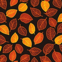 Poster - Colorful autumn leaves pattern in vibrant orange and yellow tones on a dark background.