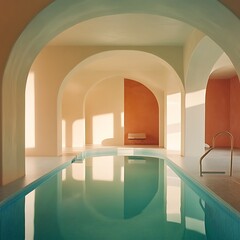 Poster - Luxurious indoor villa pool with elegant architecture and serene ambiance







