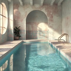 Poster - Luxurious indoor villa pool with elegant architecture and serene ambiance







