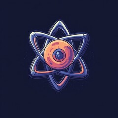 Poster - a vibrant, stylized atom symbol with a planet at its core, set against a dark background, showcasing