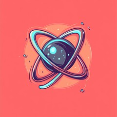 Poster - Colorful cartoon illustration of an atom set against a vibrant coral background, emphasizing its dynamic structure.