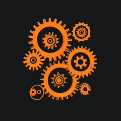 Poster - A dynamic arrangement of orange gears on a dark background, symbolizing machinery and innovation.