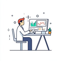 Poster - a male scientist in a lab coat analyzes data on a computer, showcasing modern analytics in research.