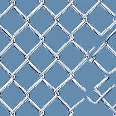 Poster - Close-up of a silver chain-link fence against a blue background, showcasing intricate patterns and textures.