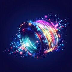 Poster - A vibrant, abstract representation of a camera lens glowing with colorful light trails and sparkles.