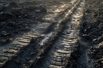 Leinwandbilder - Tire tracks reveal movement across muddy terrain during early morning light in an agricultural field. Generative AI