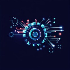 Fototapete - Futuristic gear design with glowing blue and red elements on a dark background.