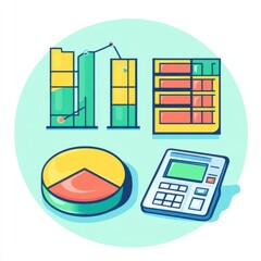 Poster - Colorful vector graphics depicting charts, graphs, and a calculator, symbolizing data analysis and financial insights.