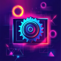 Poster - Futuristic neon gear with vibrant colors and geometric shapes, set against a dark backdrop.