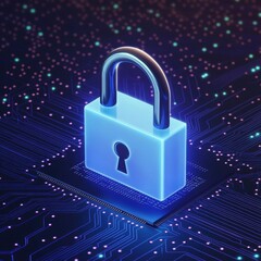 Poster - A glowing blue padlock symbolizing digital security, set against a backdrop of glowing circuit patterns.