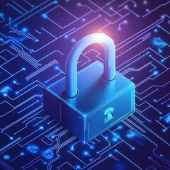 Poster - A futuristic blue padlock sits atop a circuit board design, symbolizing digital security and protection.