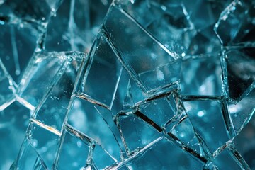 Wall Mural - a close-up view of a broken glass window with shattered fragments and a cracked pane