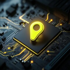 Fototapete - A close-up of a digital circuit board featuring a glowing yellow location pin icon, symbolizing technology and navigation.
