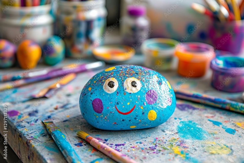 Colorful decorated pet rock with smiling face on artistic table Stock ...