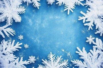 Fototapete - Winter snowflakes creating a beautiful border against a bright blue background, perfect for seasonal decorations or cards. Generative AI