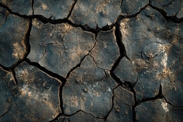 Poster - Dry, cracked earth in a drought affected area reveals the impact of extreme weather on natural environments. Generative AI